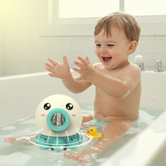 Child playing in a bathtub with a toy and a rubber duck